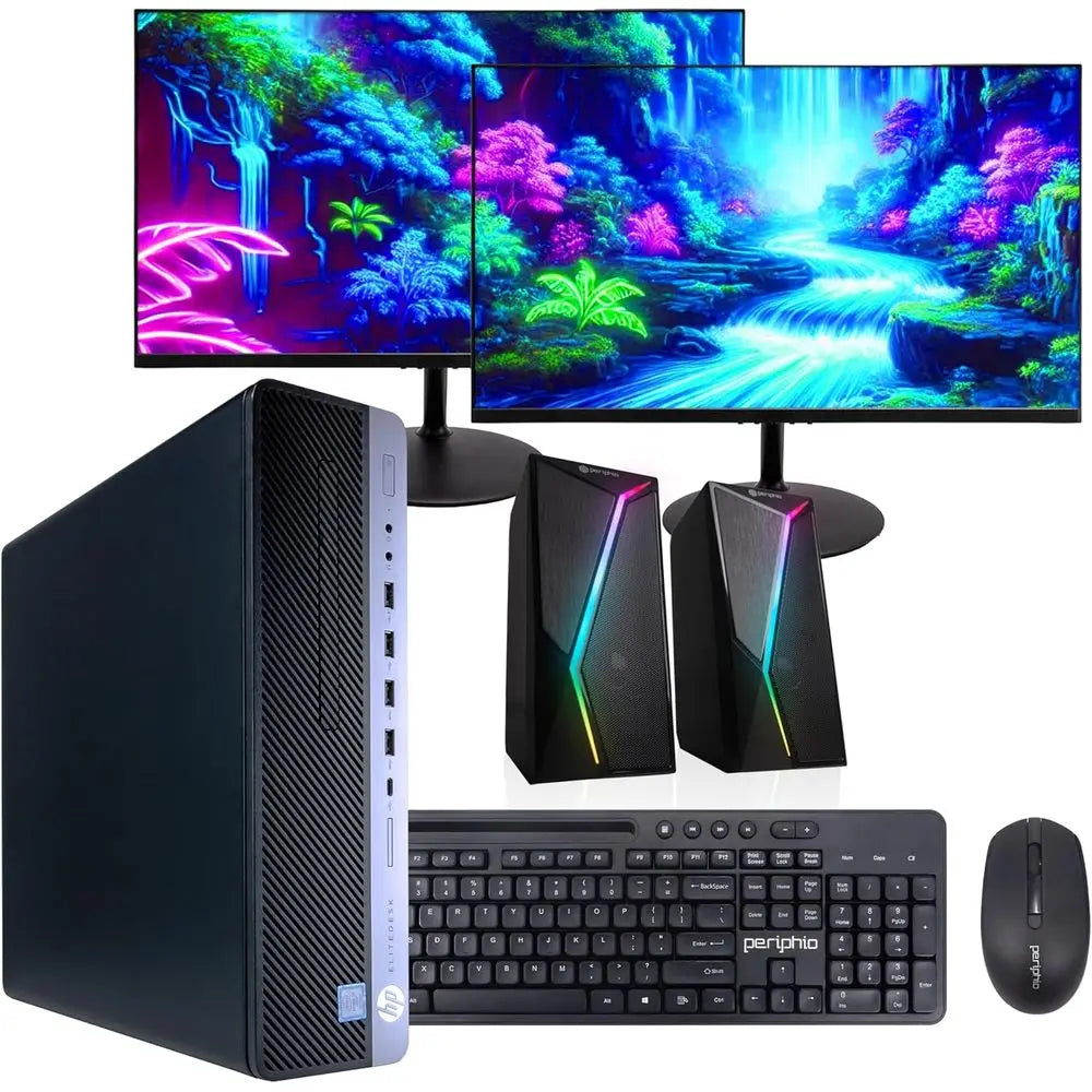 Desktop PC with Windows 11 Pro, Intel Core i5-8500, 16GB RAM, 1TB SSD, Dual 24 Monitors, RGB Speakers, Internal Wi-Fi 6 AX200 +
