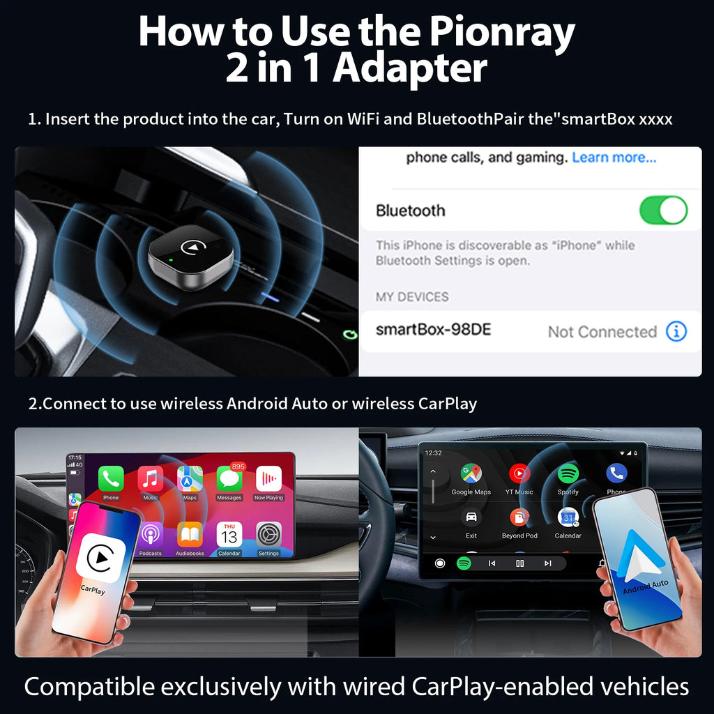 2026 Pionray 2 in 1 Wireless CarPlay Adapter&Android Auto