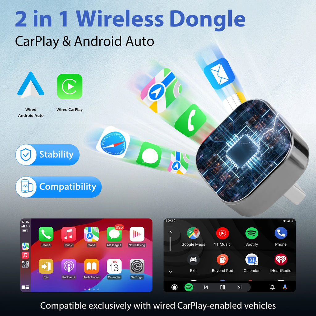 2026 Pionray 2 in 1 Wireless CarPlay Adapter&Android Auto