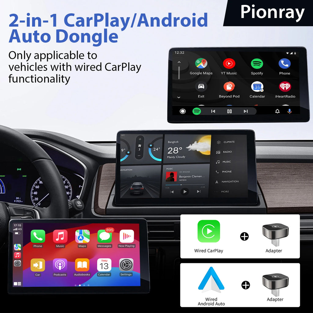 2026 Pionray 2 in 1 Wireless CarPlay Adapter&Android Auto