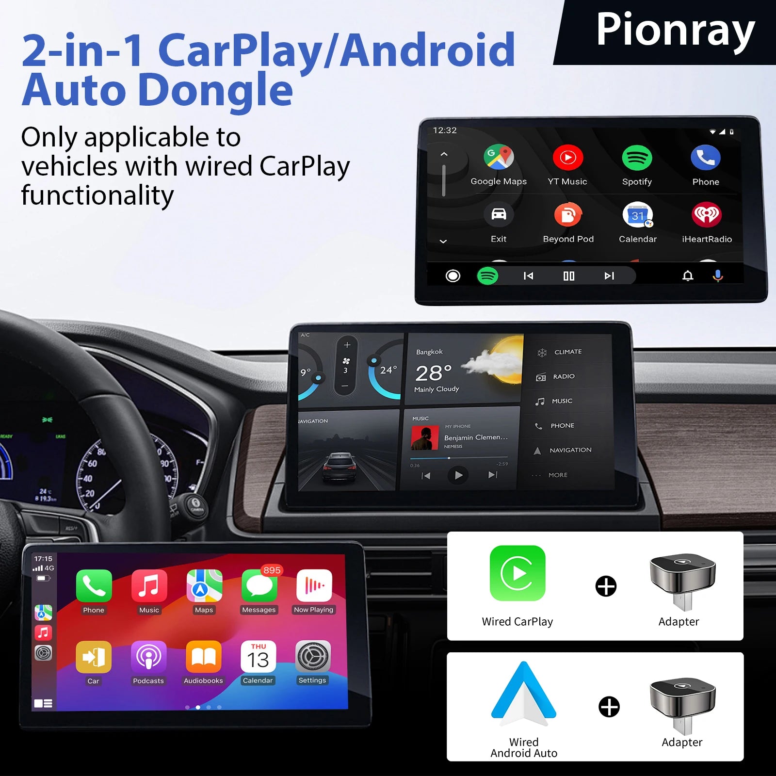 2026 Pionray 2 in 1 Wireless CarPlay Adapter&Android Auto